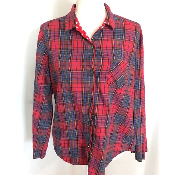 Victoria’s Secret Pink Red Navy Blue Plaid Button Up Pajama Sleep Shirt Medium - Picture 2 of 12